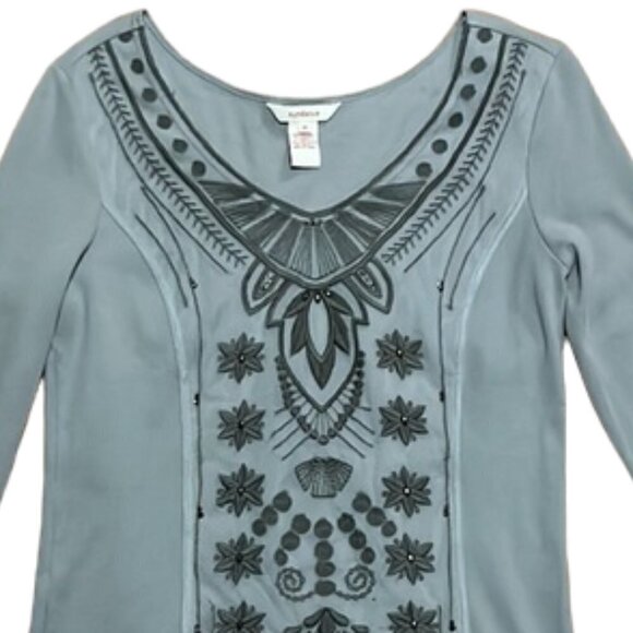 Sundance Womens Gray Long Sleeve V-Neck Top with Floral Embroidered Net Overlay - Picture 2 of 8